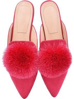 🆕 Women's Pink Suede Faux Fur Pom Pom Mules Pointed Toe Comfort Slip On Shoes